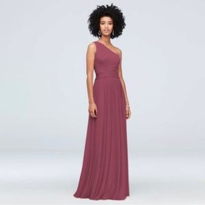 Davids Bridal one shoulder bridesmaid dress in chianti
